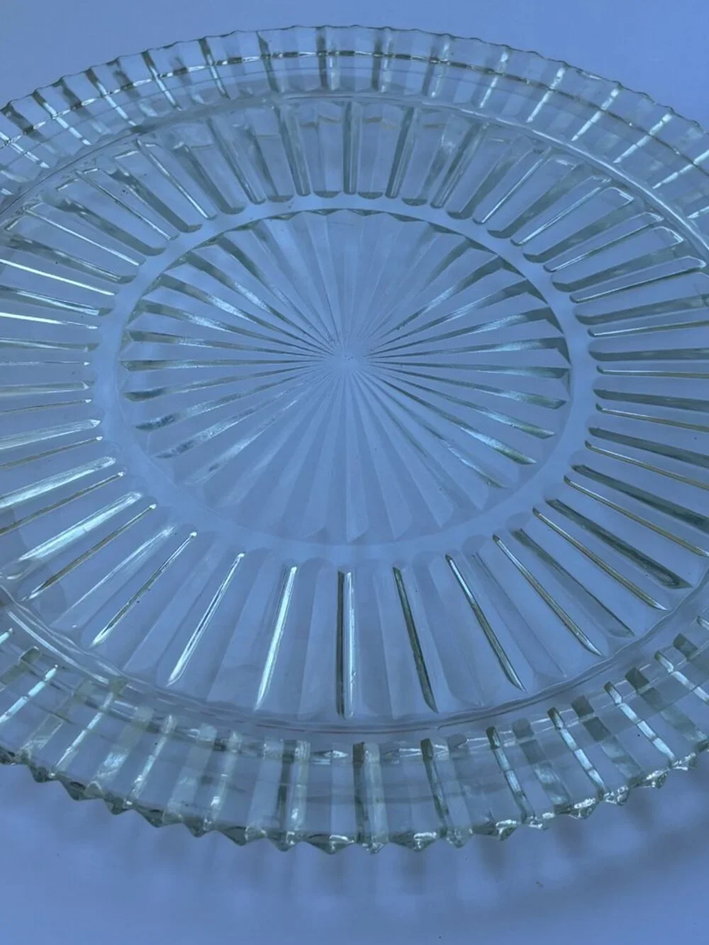 Vintage Clear Pressed Glass Cake Plate Platter Sunburst Ribbed Pattern